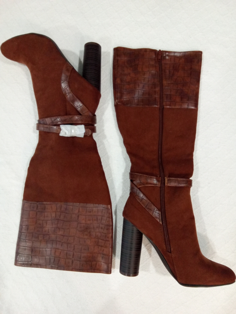 Y2K Knee-High Suede Crocodile Leather Boots Straps Full Zipper Round Chunk Heel